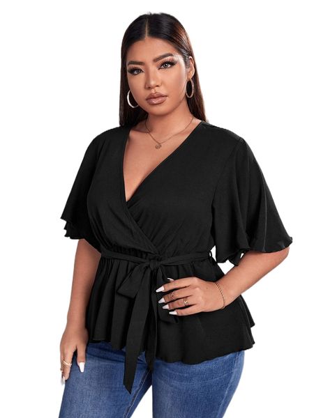 

plus butterfly sleeve belted peplum blouse d8wb#, Black