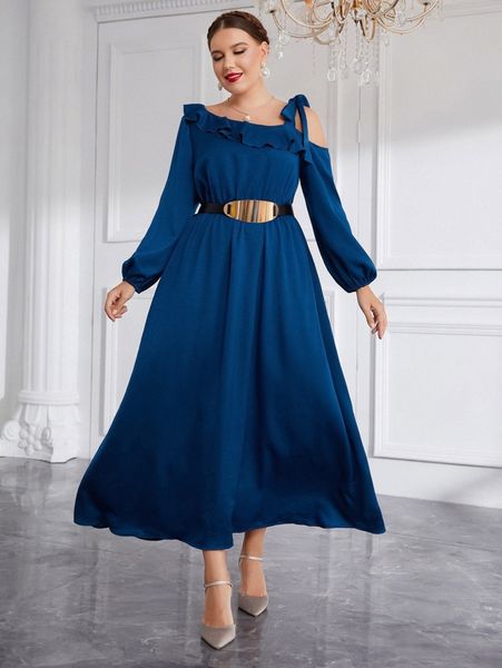 

plus knot asymmetrical neck lantern sleeve ruffle trim belted dress 75xh#, Black