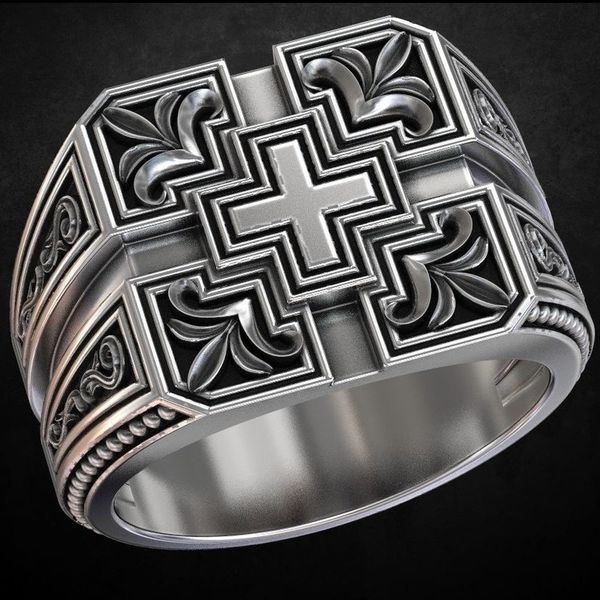 

creative 925 vintage thai silver carved christian cross men's ring party gift jewelry ring, Golden;silver