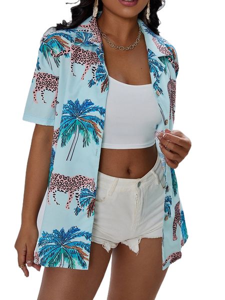 

sxy tiger & t.ropical print b.utton front b.louse y3ij#, White