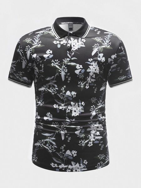 

men floral print striped trim polo shirt s7xm#, White;black