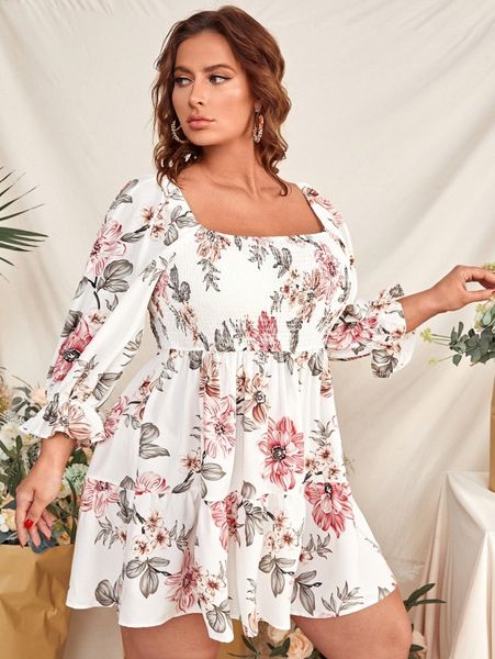 

plus floral print shirred bodice flounce sleeve dress y5ai#, Black