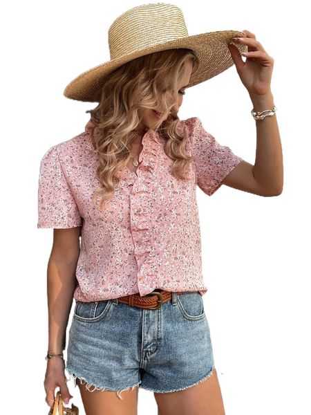 

ditsy floral ruffle trim puff sleeve blouse y9ns#, White