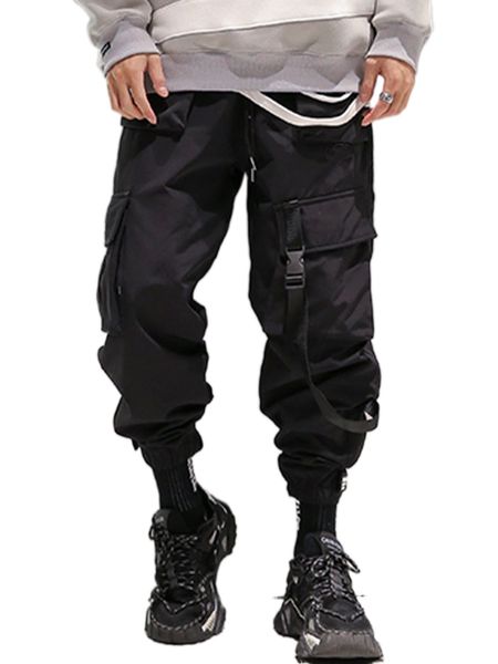 

men flap pocket buckle detail pants v09r#, Black