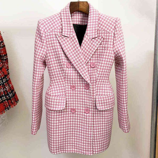 

pink plaid wool coat autumn winter new women jackets suit collar houndstooth long jackets warm thick tweed blazer female 2020 j220813, White;black