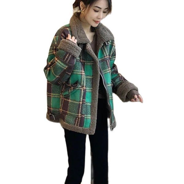 

women's jackets fashion stitching green plaid jacket women's short loose thickened lamb wool outerwear 2022 autumn winter coat fe, Black;brown