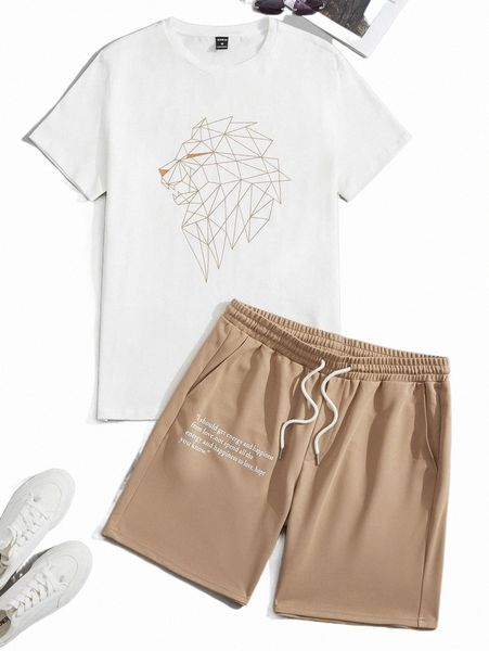 

men geo print tee & slogan graphic drawstring waist track shorts a2rb#, Gray