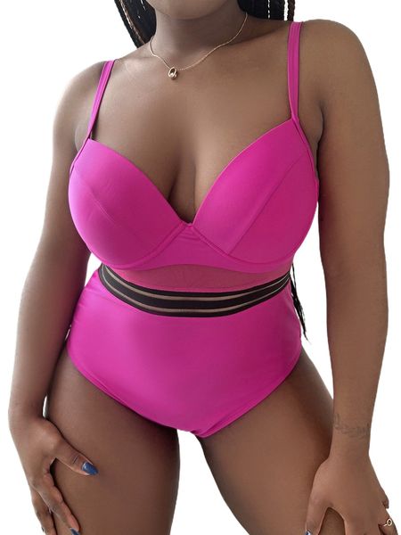 

plus contrast mesh one piece swimsuit e4ed#, White;black