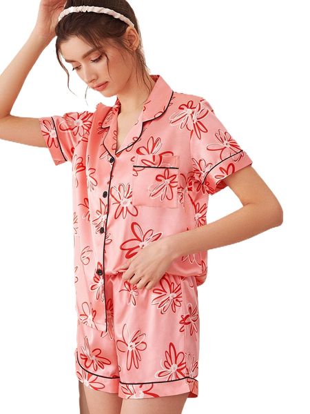 

floral print contrast piping satin blouse & shorts pj set o3y8#, Black;red