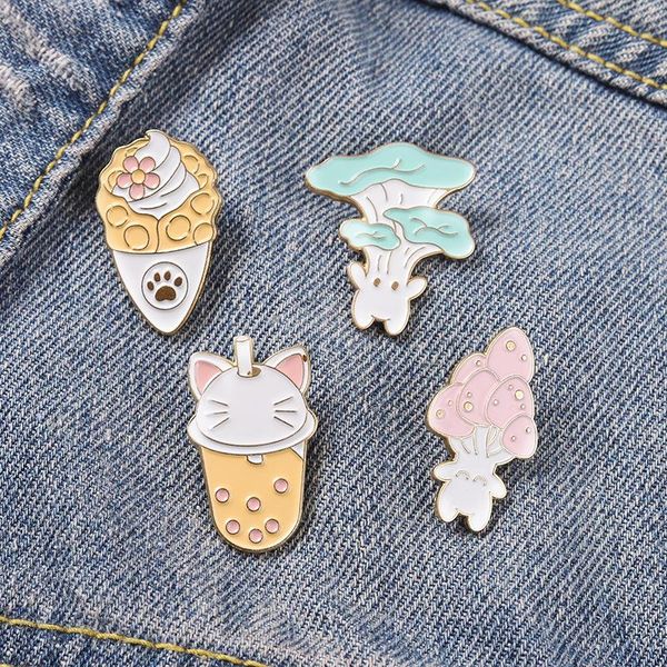 

food enamel pins mushroom ice cream boba tea cat paw brooches bag hat lapel pin cartoon badge jewelry gift kids girl, Blue