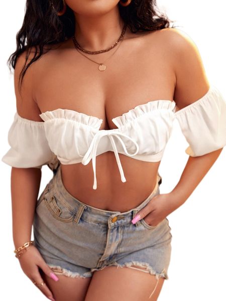 

sxy off shoulder knot front frill trim crop c0xc#, White