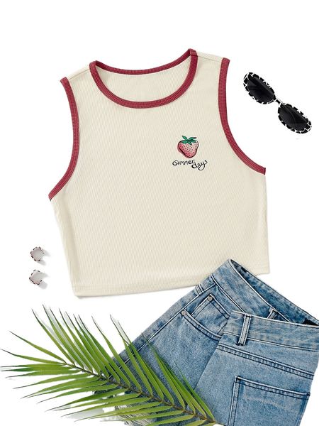

strawberry & letter graphic contrast binding crop tank v6b3#, White