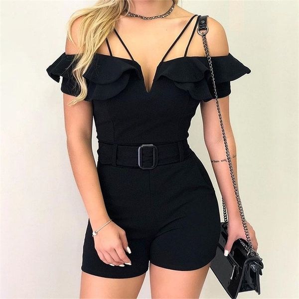 

women elegant v cut short sleeve casual party playsuit layered ruffles cold shoulder regular belted romper streetwear t200113, Black;white