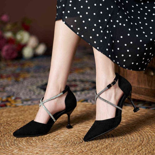 

rhinestone cross strap high heels hollow small thin heel large fattening 43, Black