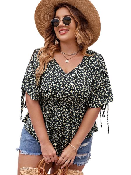 

plus ditsy floral print split sleeve knot cuff hanky hem blouse w3az#, Black