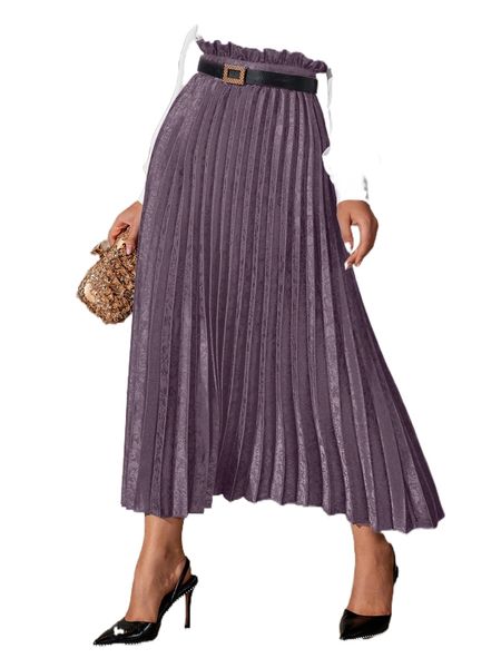 

paperbag waist pleated satin skirt without belt f5z9#, Black