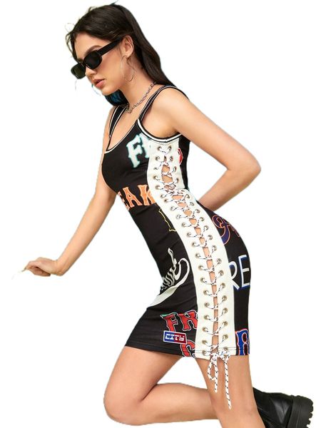 

x freak city letter graphic lace up side bodycon dress u8zh#, Black;gray