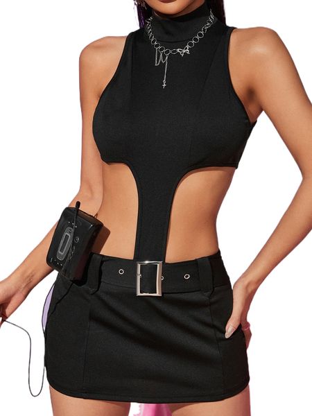 

cut out high neck belted mini dress 59e2#, Black;gray