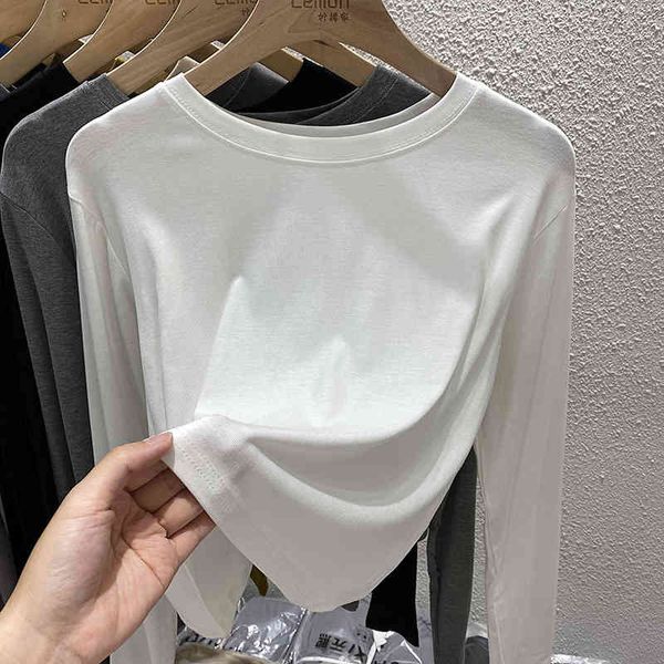 

women's t-shirt white t-shirt women's cotton loose thin bottoms 2022 autumn versatile high waist short long sleeve 87k4
