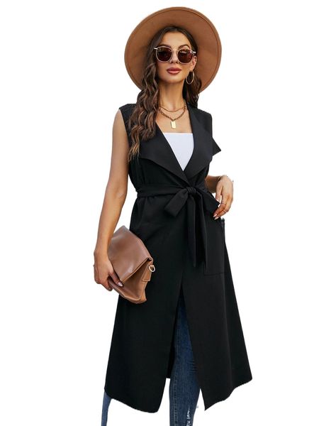 

solid waterfall collar belted vest coat p3zx#, Black