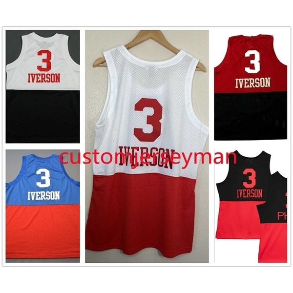 

nc01 college georgetown basketball allen 3 iverson jerseys split up and down white red blue black throwback mens stitched jersey retro custo