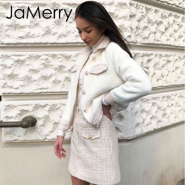 

jamerry vintage two piece t faux fur women sets autumn winter skirt suit sets patchwork single breasted office lady suits y200110, White