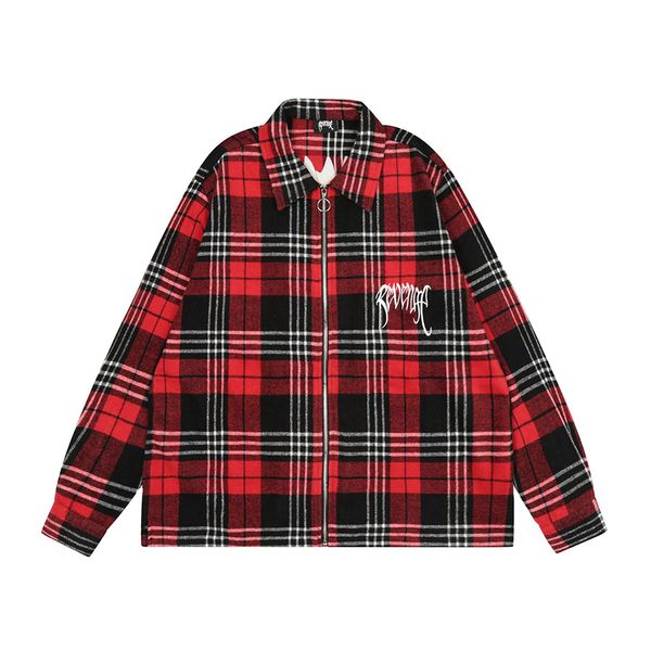 Rot karierte Jacke Mantel Herren Reißverschluss Flanell Stickerei Hemden Mäntel Hochwertige Herren Hip Hop Tops