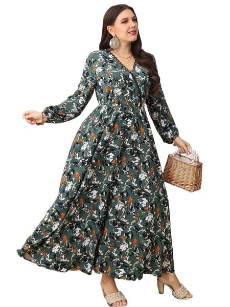 

plus allover print lace trim lantern sleeve dress c9tm#, Black