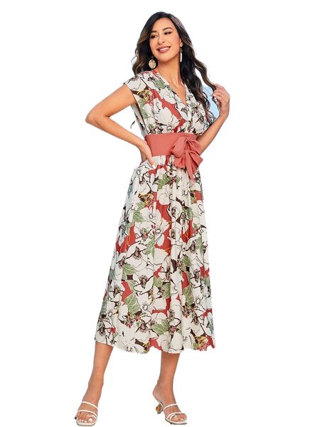 

allover f.loral print dolman s.leeve tie front d.ress z7ex#, Black;gray