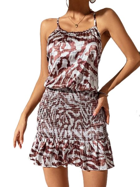 

allover print crisscross backless shirred ruffle hem satin cami dress w8ih#, Black;gray