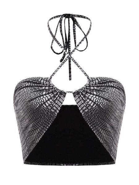 

drawstring crisscross tie back crocodile embossed halter u17w#, White