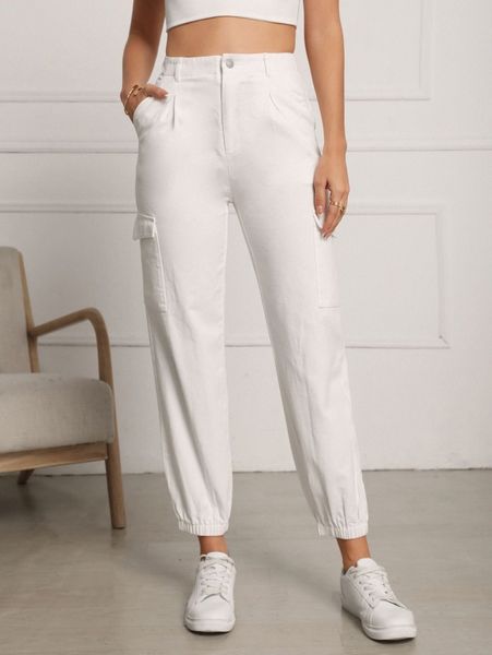 

high waist flap pocket side cargo pants y9x5#, Black;white