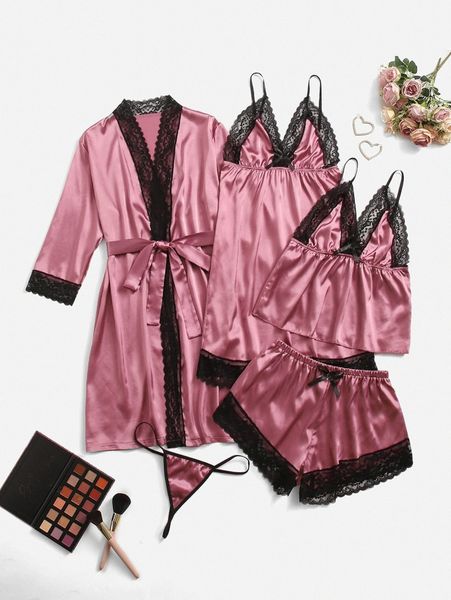 

6pack lace trim satin lingerie set with robe i4xs#, Black;red