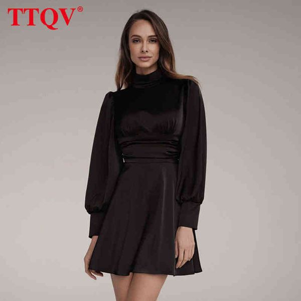 

ttqv stand collar satin women dress 2021 fashion long sleeve backless lace-up party dresses bodycon ruched female dress t220804, Black;gray
