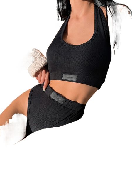 

letter patched detail backless halter bikini swimsuit s8g1#, Black;red