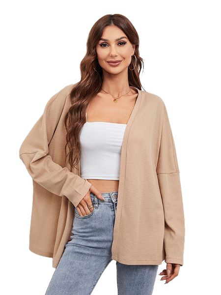 

batwing sleeve waffle knit open front coat y47z#, Black