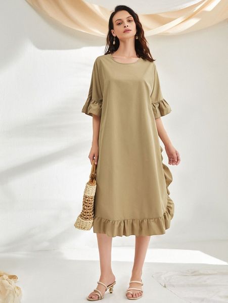 

flounce sleeve ruffle trim midi dress s6p8#, Black;gray