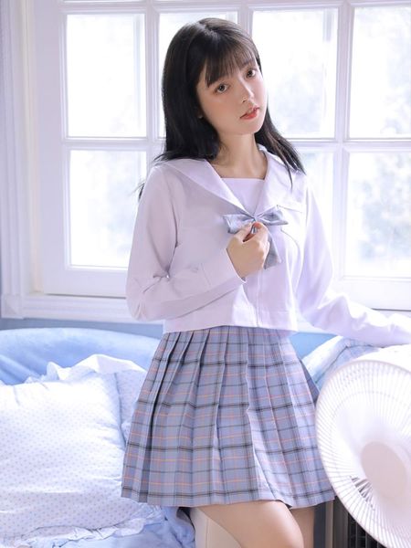 Giyim Setleri Tekdüzen Denizci Takım Tam Set Japon Okul Kız Etek Ekose Pileli Akademik Gömlek Öğrenci Üniforma
