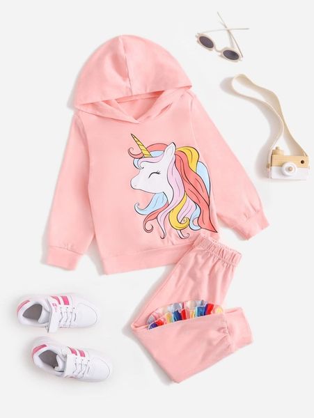 

toddler girls cartoon graphic hoodie & frill trim sweatpants she, White