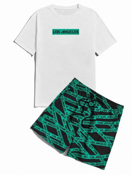 

romwe guys letter print tee & shorts c3bb#, Gray