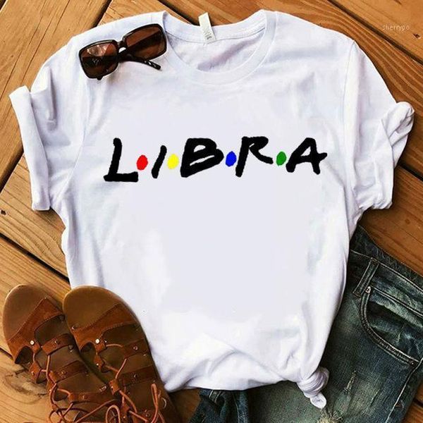 Camiseta feminina respirável macia verão manga curta gola O T-shirt casual doze constelações signo de libra do zodíaco feminino