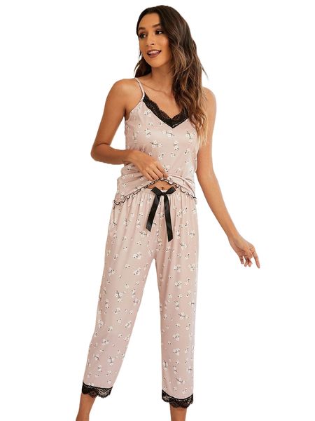 

lace trim lettuce trim floral pj set b1gu#, Black;red