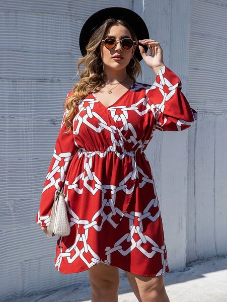 

plus surplice neck chain print a-line dress c4pm#, Black