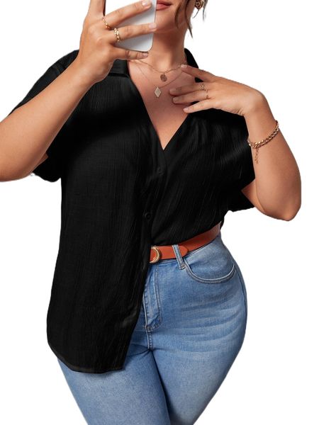 

plus solid button front shirt 36yf#, Black