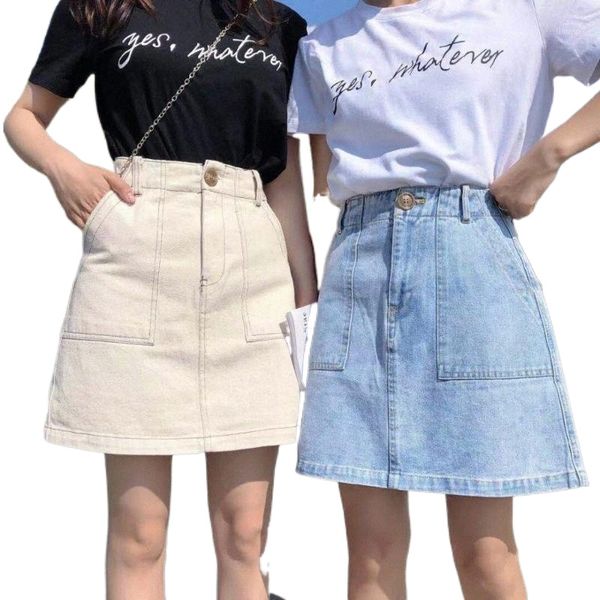 

skirts 2022 summer women chic mini short beige white light blue harajuku high waist back pockets a-line denim skirt e8ze#, Black