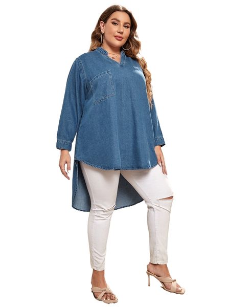 

plus patched pocket high low hem denim blouse z7qx#, White