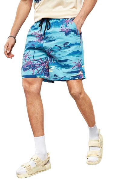 

men tropical drawstring waist shorts j5y5#, White;black