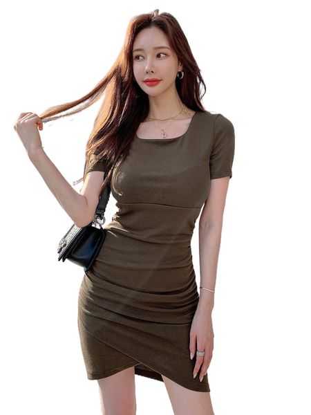 

dazy rib knit wrap scoop neck dress u339#, Black;gray