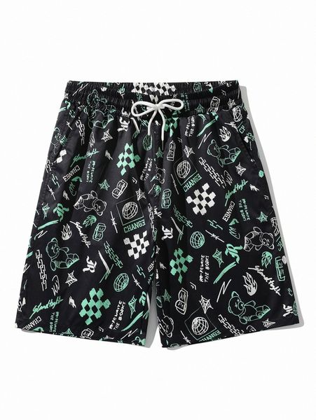 

men random bear & letter graphic drawstring waist shorts a4bp#, White;black