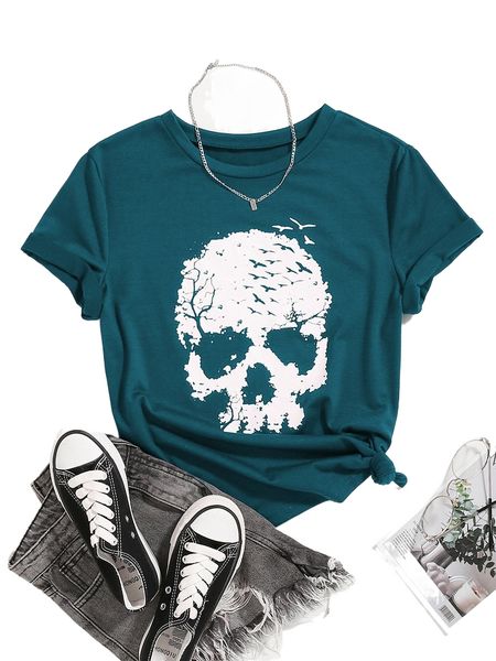 

plus skull print short sleeve tee s4cp#, Black